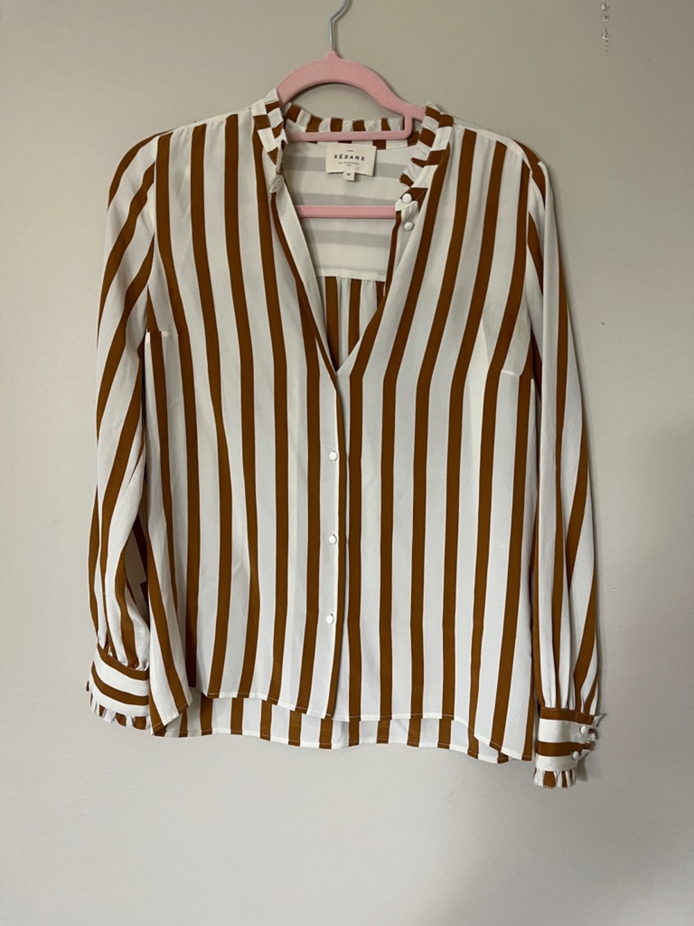Sezane White and Brown Striped V-Neck Button-Down Blouse